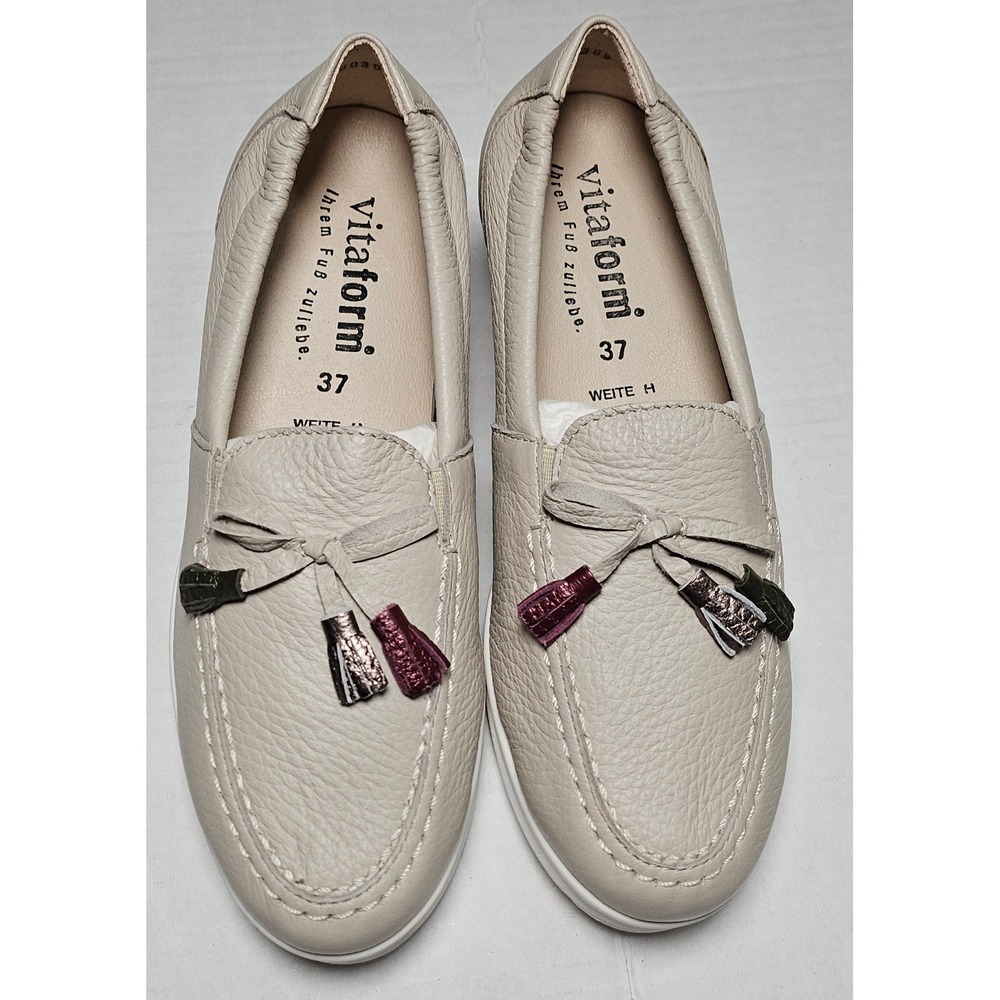 Vitaform Dove Grey Leather Tassel Loafers Slip On Low Wedge Shoes‎ Womens 7/37